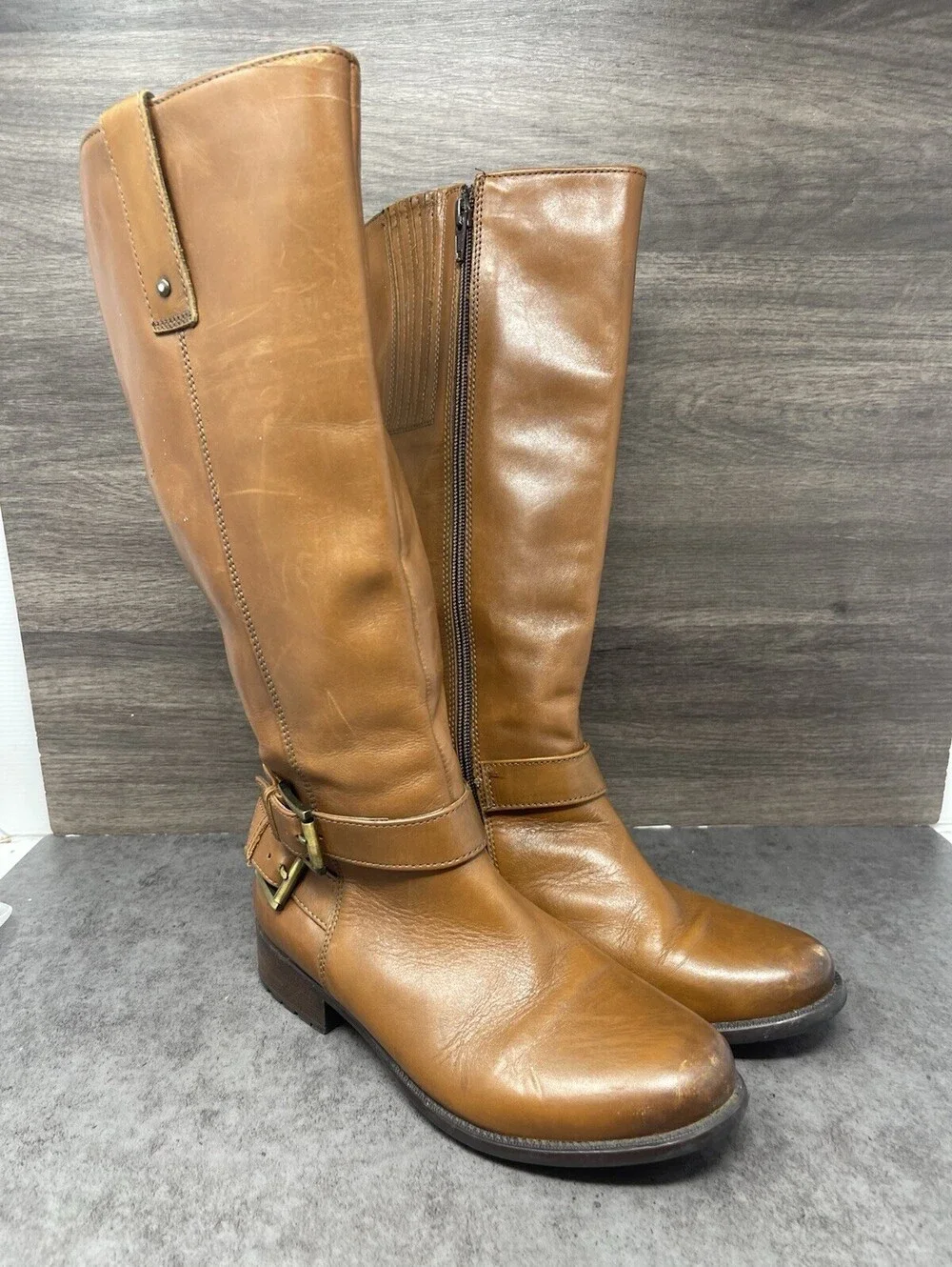 Clarks Brown Leather Riding Boots Womens Size 7 High Tall Zipper